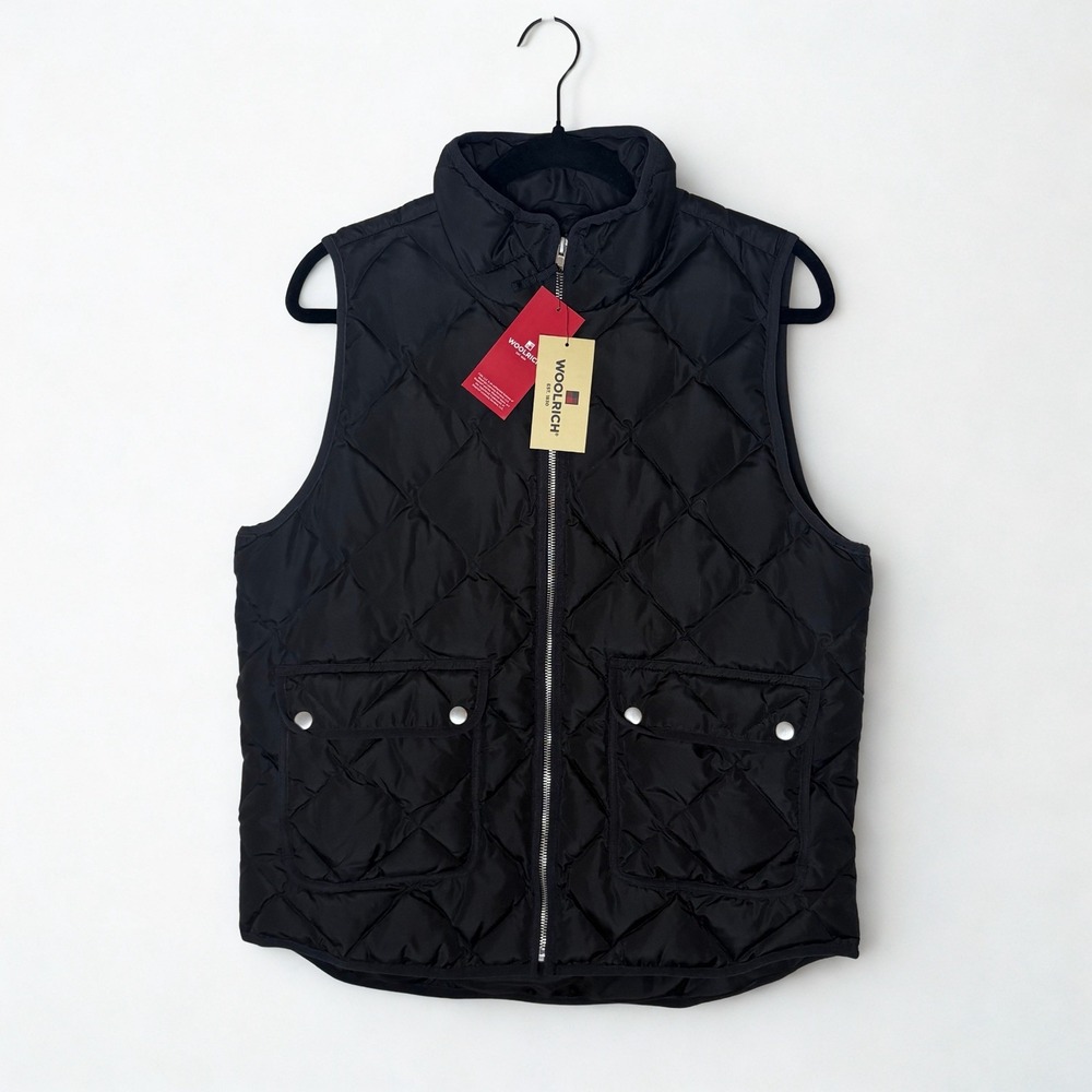 Women's Woolrich Duck Down Fill Puffer Vest Jacket Black Full Zip Quilted Large